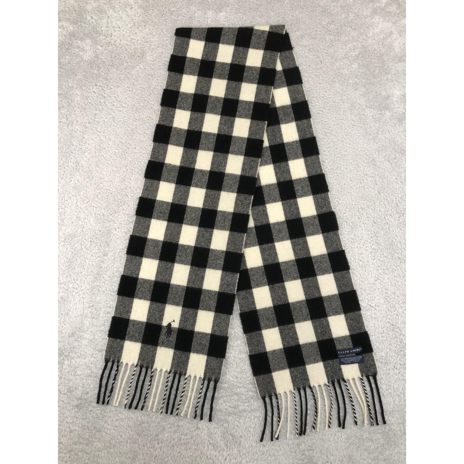 Vtg Ralph Lauren Scarf Womens Black White 100% Lambs Wool Made In Italy Plaid